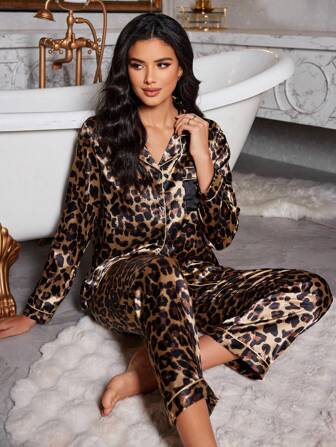 LuxeNights Leopard Print Silk-Like Lapel Top And Long Pants Women Pajama Set, Fall Clothes  Cozy And Elegant Details