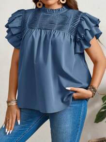 SHEIN LUNE 加大码双层短袖简约褶裥休闲上衣，适合派对、节日穿着，亮片点缀 - 藍色 - 查看 6