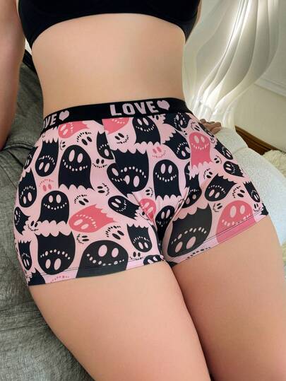 1pc Casual Plus Size Women Ghost Print Letter Tape Waist Boxy Briefs, Comfortable Hipster Panty, Halloween