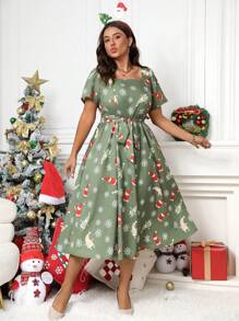 SHEIN LUNE Plus Size Feminino Verão Neve Floral Estampa Gola Quadrada Manga Curta Maxi Vestido Casual - Verde - Ver 6