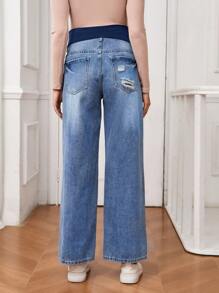 SHEIN Adjustable Waist Ripped Straight Loose Casual All-Match Maternity Jeans - Medium Wash - View 2