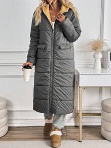 SHEIN LUNE Women's Front Zipper Long Sleeve Pockets Minimalist Long Hooded Casual Padded Padded Coat Clothes Winter - Army Green - View 5