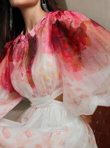 Anewsta Vestido francés elegante con mangas de linterna de manga larga, cintura media y diseño impreso de efecto ahuecado