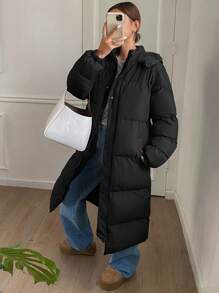 DAZY Women's Loose Fit Hooded Zipper Long Sleeve Padded Coat, Winter Clothes, Winter Women Clothes, Padded Coat Women - Black - View 8