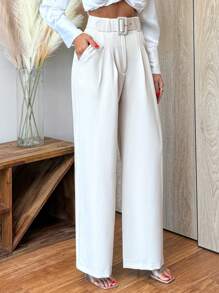 RueChic Pantalones rectos de cintura alta de unicolor para mujer con detalle de cinturón - Beis - Ver 4