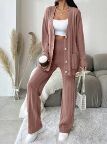 EURMUSE 2pcs Women's Solid Color Button Front Long Sleeve Sweater And Pants Casual Set - Dusty Pink - View 6