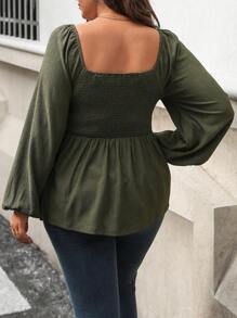 Vionelle Blusa elegante con volante de mujer talla grande de primavera/verano de cuello cuadrado, mangas farol y arrugado - Verde militar - Ver 2