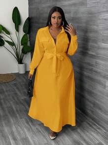 Slaydiva Jesienne stroje Sukienka nauczycielska Commuter Elegance damska Plus Size Maxi Sukienki damskie Długa sukienka w stylu koszuli w kształcie litery A w kolorze białym - z paskiem w talii - Żółty - Zobacz 3