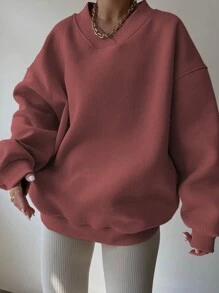 INAWLY Women's Solid Color V-Neck Dropped Shoulder Long Sleeve Casual Sweatshirt, Autumn/Winter,Long Sleeve Tops Graduation,Back To School Outfits,Graduation,Teacher Outfits For Women,Back To School Pullover Fall Outfit