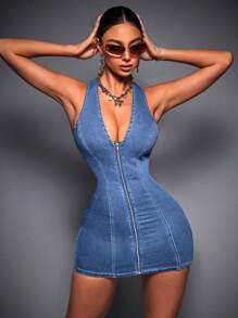 SHEIN ICON Đầm denim hở lưng thời trang bó sát có khóa kéo cho nữ - Màu xanh bụi bặm - Xem 4