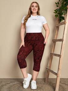 EMERY ROSE Plus Size Casual Paisley Print Leggings Summer Dress Outfits For Women Spring Clothing Outfit Beach Vacation Holiday Country Style - Burgundy - View 7