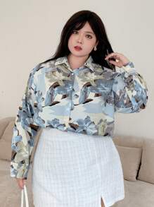 Dazy Plus Plus Size Floral Print Shirt Collar Regular Blouse - Multicolor - View 9
