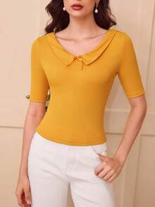Vintamour 复古优雅女士V领蝴蝶结装饰七分袖针织T恤，适合早午餐、音乐会、商务、秋季、工作、万圣节、返校节、圣诞节等场合。 - 黃色 - 查看 3