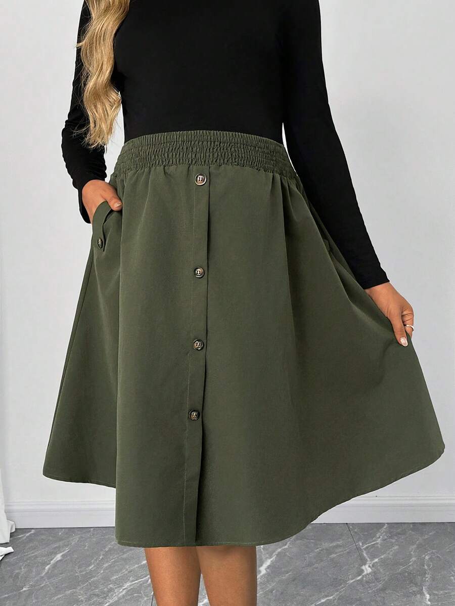 SHEIN Pregnant Women's Solid Color Front Button Casual Skirt, Spring & Autumn, For Maternity - Army Green - View 1