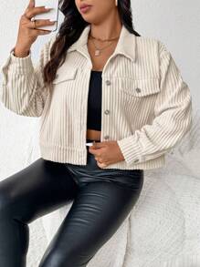 SHEIN Frenchy Plus Size Barnfit, Women's Solid Color Long Sleeve Short Casual Jacket For Spring And Autumn, Barn - Apricot - View 1