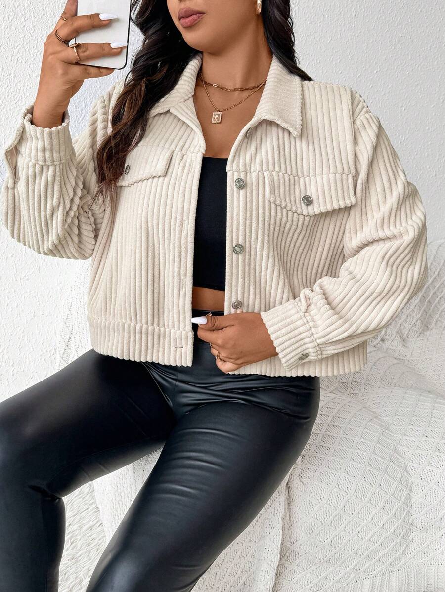 SHEIN Frenchy Plus Size Barnfit, Women's Solid Color Long Sleeve Short Casual Jacket For Spring And Autumn, Barn - Apricot - View 1