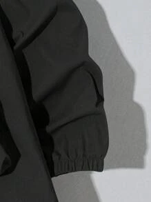 SHEIN 儿童/青少年男童休闲连帽半拉链口袋宽松套头夹克，纯色中等重量，适合日常休闲、旅行、运动、春夏/秋冬 - 黑色 - 查看 5
