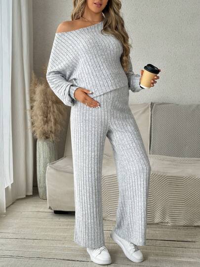 SHEIN 2 sztuki ciążowe wiosna/lato jednolity okrągły dekolt nietoperz rękaw marszczony top i regulowane spodnie w pasie swobodny strój