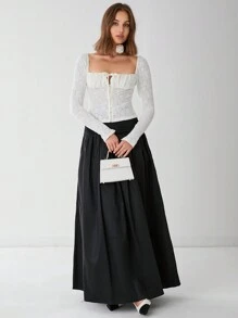 Enchnt Autumn Romantic Women's White Sexy Sweetheart Floral Jacquard Front Tie Long Sleeve Fitted Elegant Blouse - Apricot - View 6