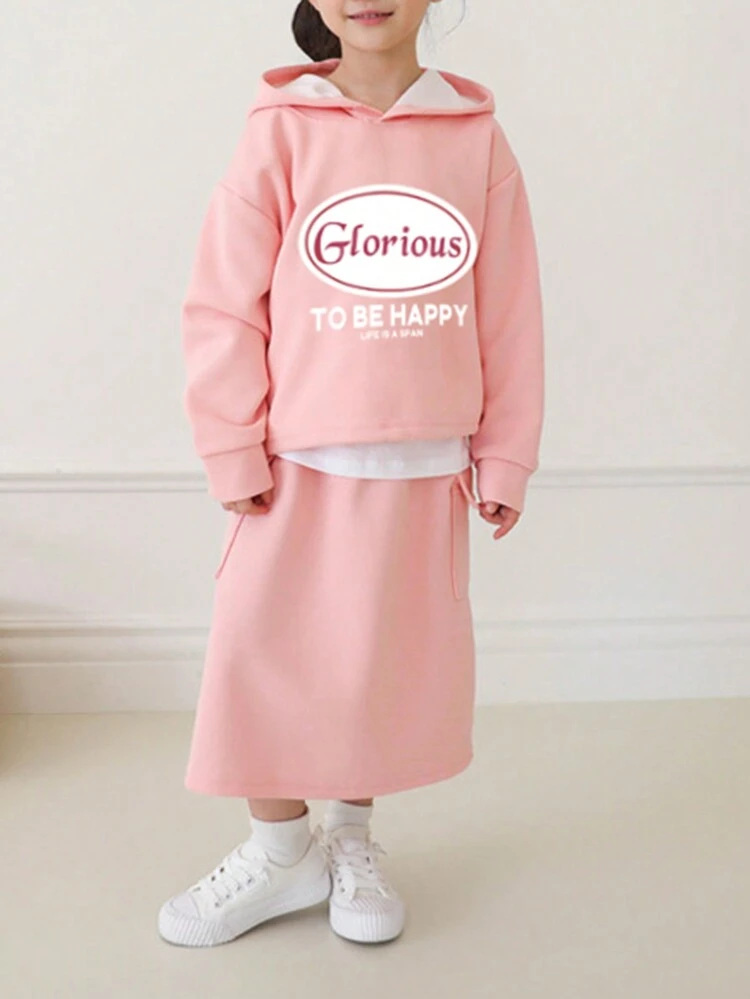 2pcs/Set Young Girls Hooded Floral Print Outfit For Fall