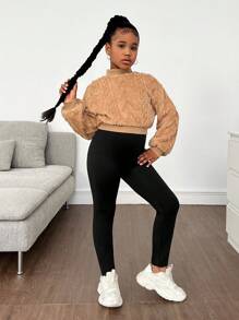 SHEIN 2 piezas Conjunto informal para niñas preadolescentes de sudadera holgada de punto waffle teñido anudado y pantalón relajado