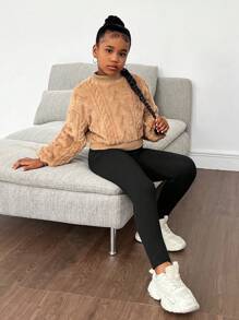 SHEIN 2 piezas Conjunto informal para niñas preadolescentes de sudadera holgada de punto waffle teñido anudado y pantalón relajado