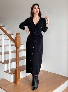 DAZY Women's V-Neck Wrap Fitted Long Sleeve Patchwork Sweater Dress, Autumn/Winter