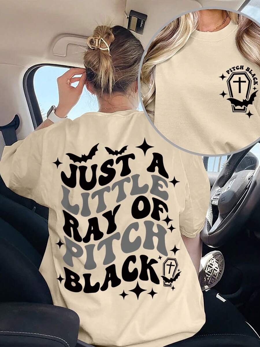 INAWLY Áo thun nữ cổ tròn rộng rãi, hở vai, in khẩu hiệu mùa hè cỡ lớn, họa tiết dơi - Màu Khaki - Xem 1