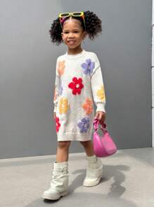 SHEIN Young Girl Multi-Color Floral Knitted Sweater Dress, Sweater Dress For Girls, Flower Sweater Girls, Young Girls Floral Print, Young Girls Flower Dress Autumn Fall - Multicolor - View 3