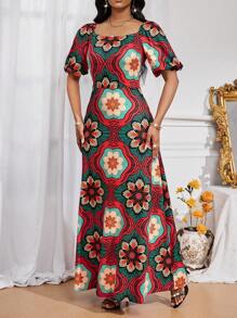 SHEIN Lady Vestidos elegantes y casuales de otoño e invierno para vacaciones, con mangas de obispo, hombros descubiertos y coloridos para mujeres