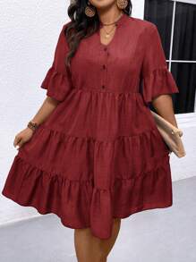 SHEIN LUNE Đầm suông tay loe cổ xẻ màu trơn cỡ lớn thường ngày - Màu Đỏ Sâu - Xem 3