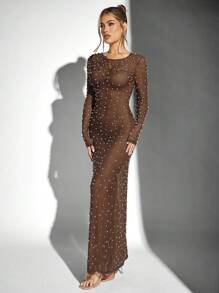 Hauture Sheer Maxi Party Dress With Pearl Embellishments
