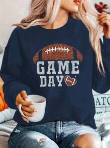 INAWLY Plus Size Women's Drop Shoulder Football Graphic Sweatshirt In Pullover Fall - Navy Blue - View 1