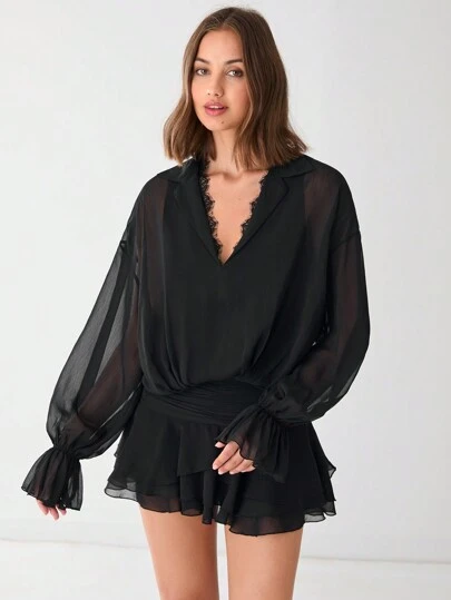 Enchnt 女式春夏纯色撞色蕾丝荷叶边领网眼落肩长袖优雅短款连衣裙