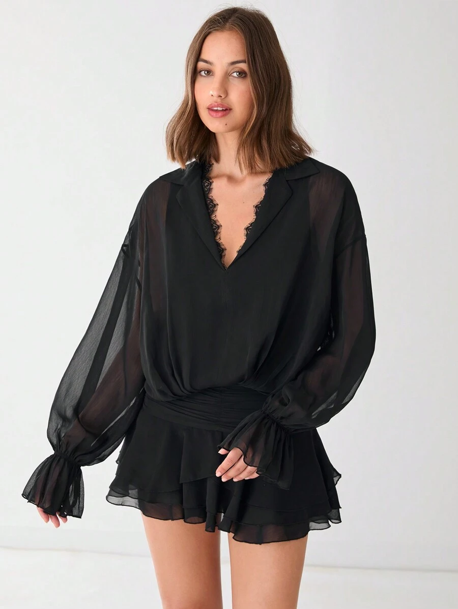 Enchnt 女式春夏纯色撞色蕾丝荷叶边领网眼落肩长袖优雅短款连衣裙 - 黑色 - 查看 1