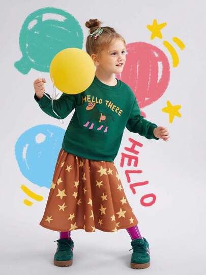 Bộ 2 chiếc/Bộ áo nỉ in hình ngựa con dễ thương và váy ngôi sao cho bé gái mới biết đi, đi trang trại