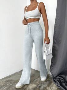 EURMUSE Pantaloni lungi simpli casual, cravată în față, culoare uni - Gri deschis - Vizualizare 3