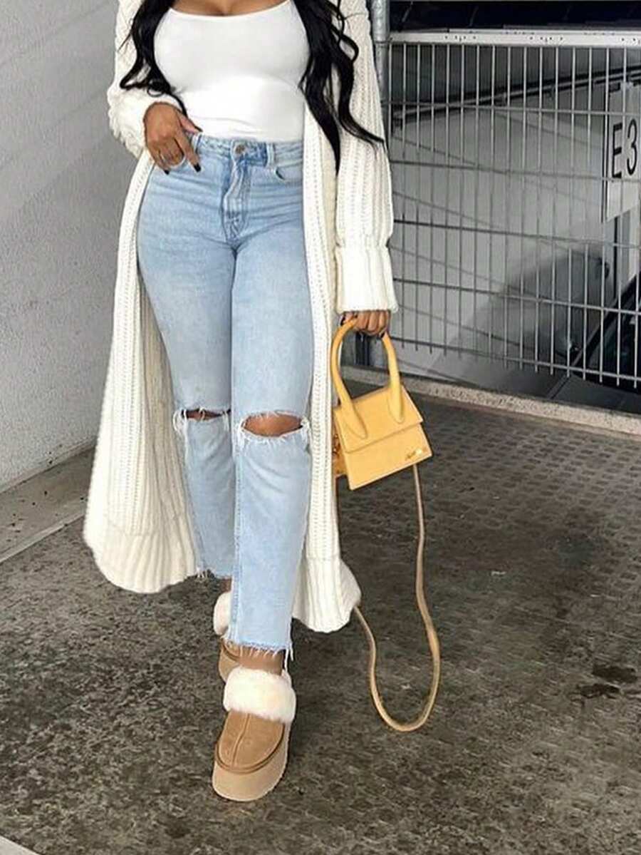 Solid Ripped Straight Leg Jeans - Light Wash - View 1