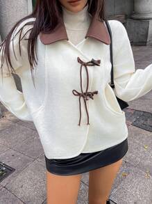 SHEIN Unity Abrigo corto de mujer con diseño de lazo, elegante y sofisticado, chaqueta de terciopelo con contraste de color para otoño/invierno