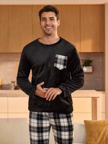 Manfinity Underwear&Sleepwear Basics 2 piezas Conjunto de prendas de estar en casa para hombre de cuello redondo de unicolor, de manga larga, con parche, estilo simple