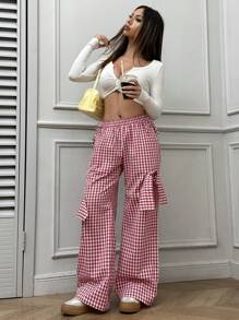 SHEIN EZwear 秋冬休闲腰带细节黑色宽松直筒裤 - 黑色 - 查看 3