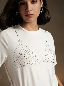 Anewsta Women's Summer Rhinestone Printed Casual Crew Neck Short Sleeve T-Shirt - White - View 7