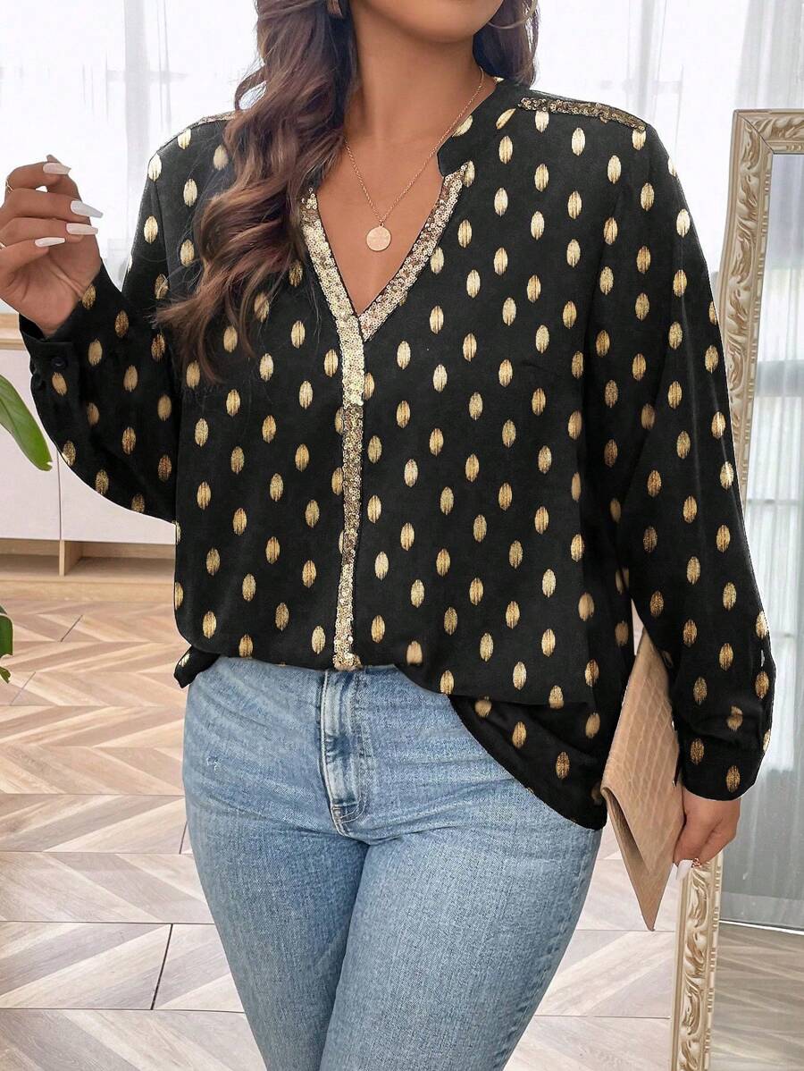 SHEIN Clasi Áo sơ mi thêu kim tuyến và sequin cỡ lớn thời trang xuân thu - màu đen - Xem 1