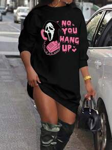 Flirla Plus Size Casual Skull & Letter Print Long Sleeve Dress - Black - View 1