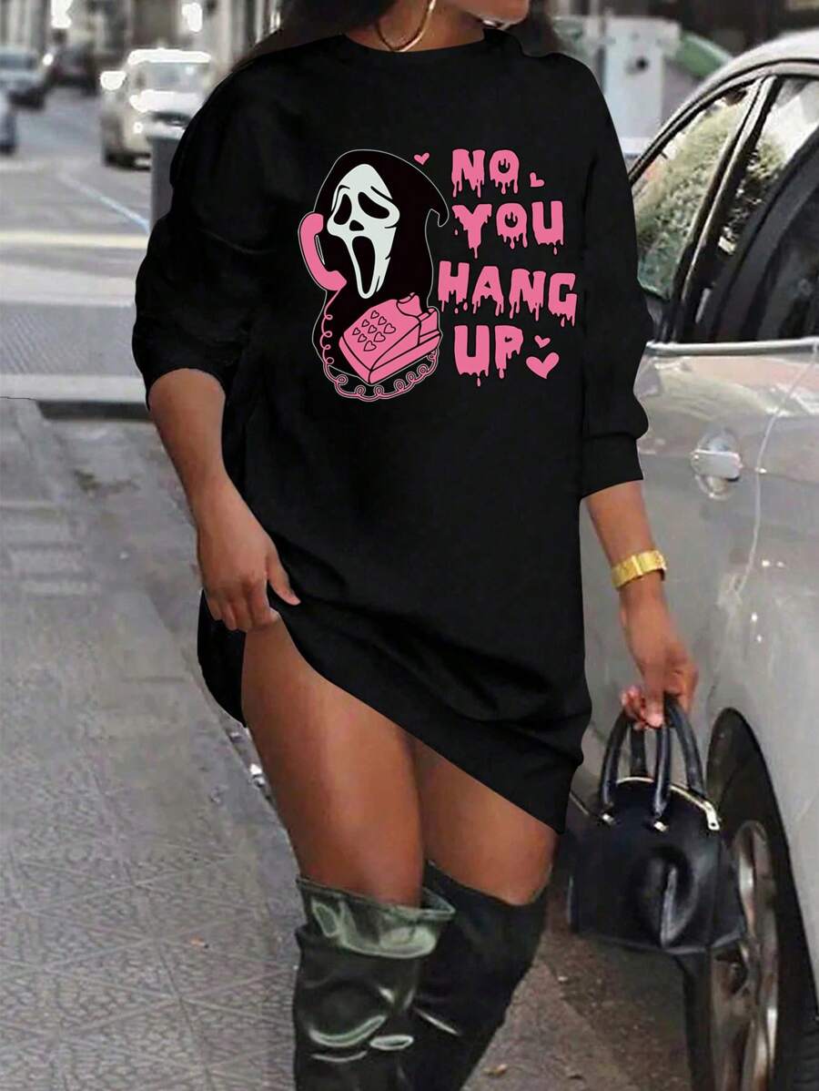 Flirla Plus Size Casual Skull & Letter Print Long Sleeve Dress - Black - View 1