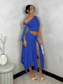 SHEIN BAE Women Solid Color Graduation  Dress, Asymmetric Shoulder Tied Blouse + Asymmetrical Hem High Slit Ruched Skirt - Royal Blue - View 3