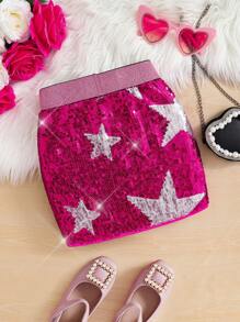 Falda con estampado de estrellas y lentejuelas para niña, falda para actuaciones, ropa de fiesta, para Navidad - Rosa Fucsia - Ver 2