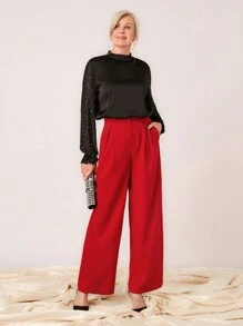 SHEIN LUNE 女士纽扣腰带口袋时尚直腿休闲优雅长裤 - 紅色 - 查看 5