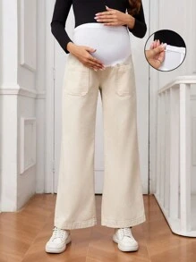 SHEIN Quần Jeans Ống Thẳng Thời Trang Có Túi Lưng Cao Co Giãn Cho Bà Bầu - Màu be - Xem 1