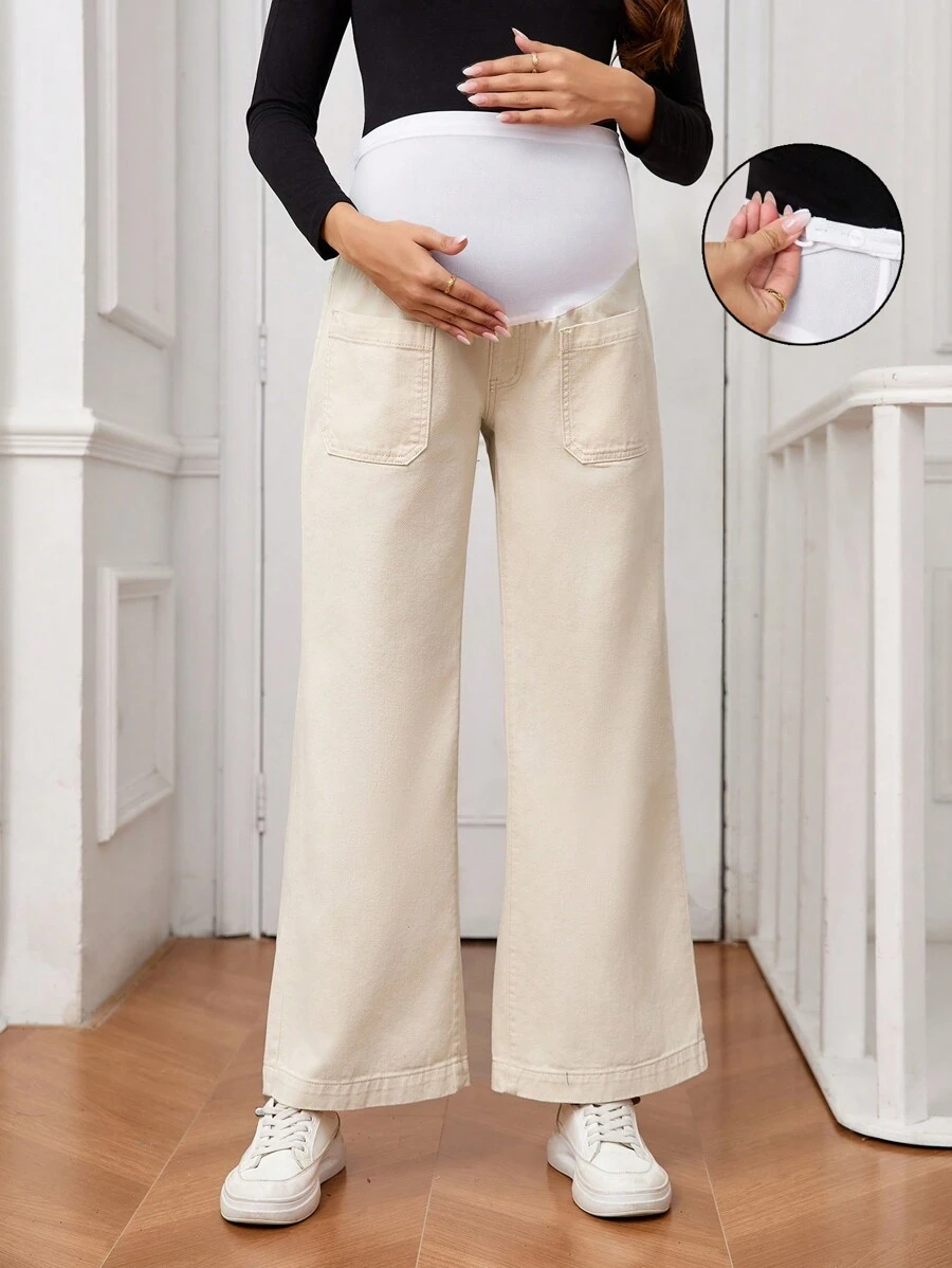 SHEIN Quần Jeans Ống Thẳng Thời Trang Có Túi Lưng Cao Co Giãn Cho Bà Bầu - Màu be - Xem 1